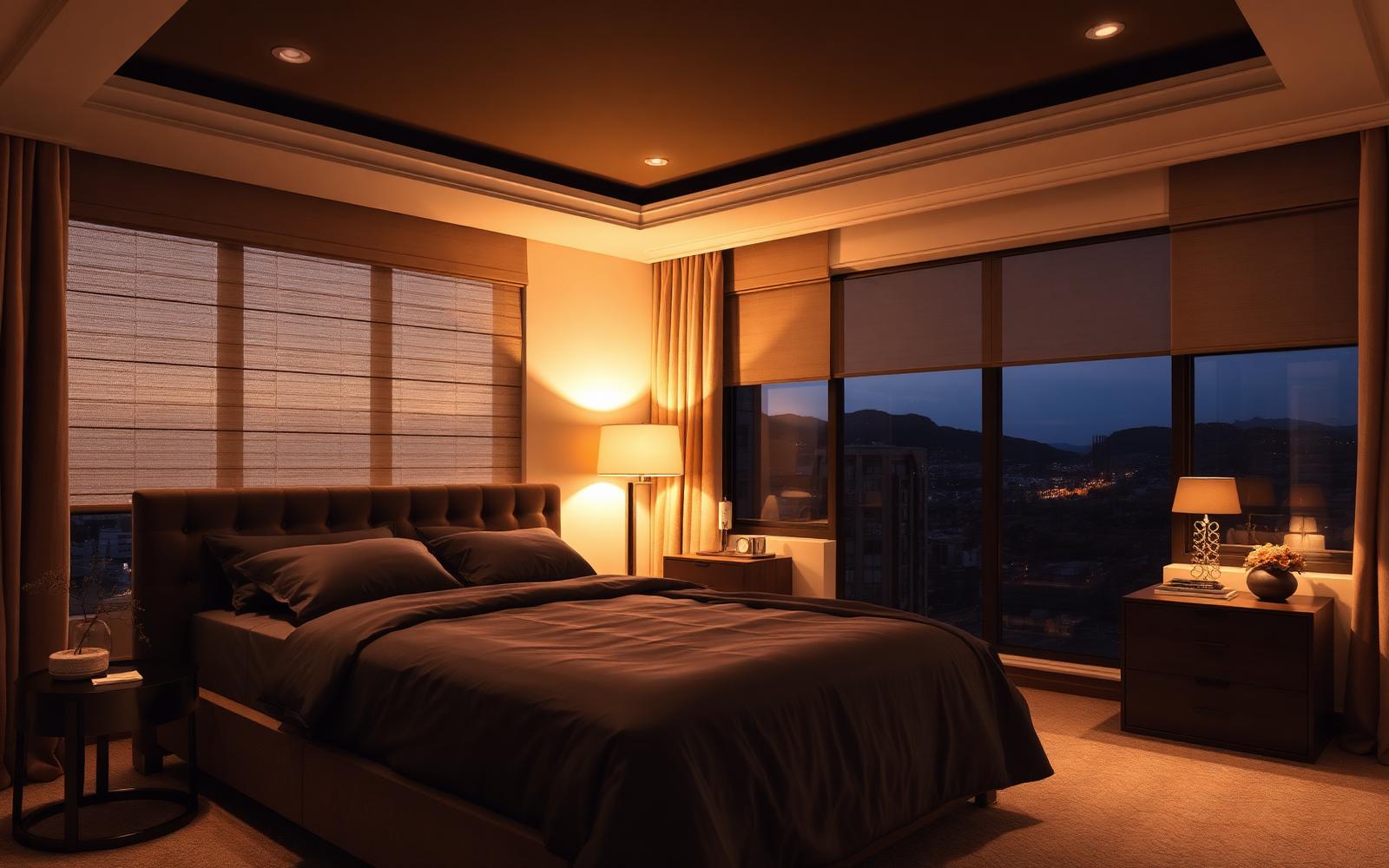 Denver primary bedroom at dusk with layered blackout roller shades and linen drapery