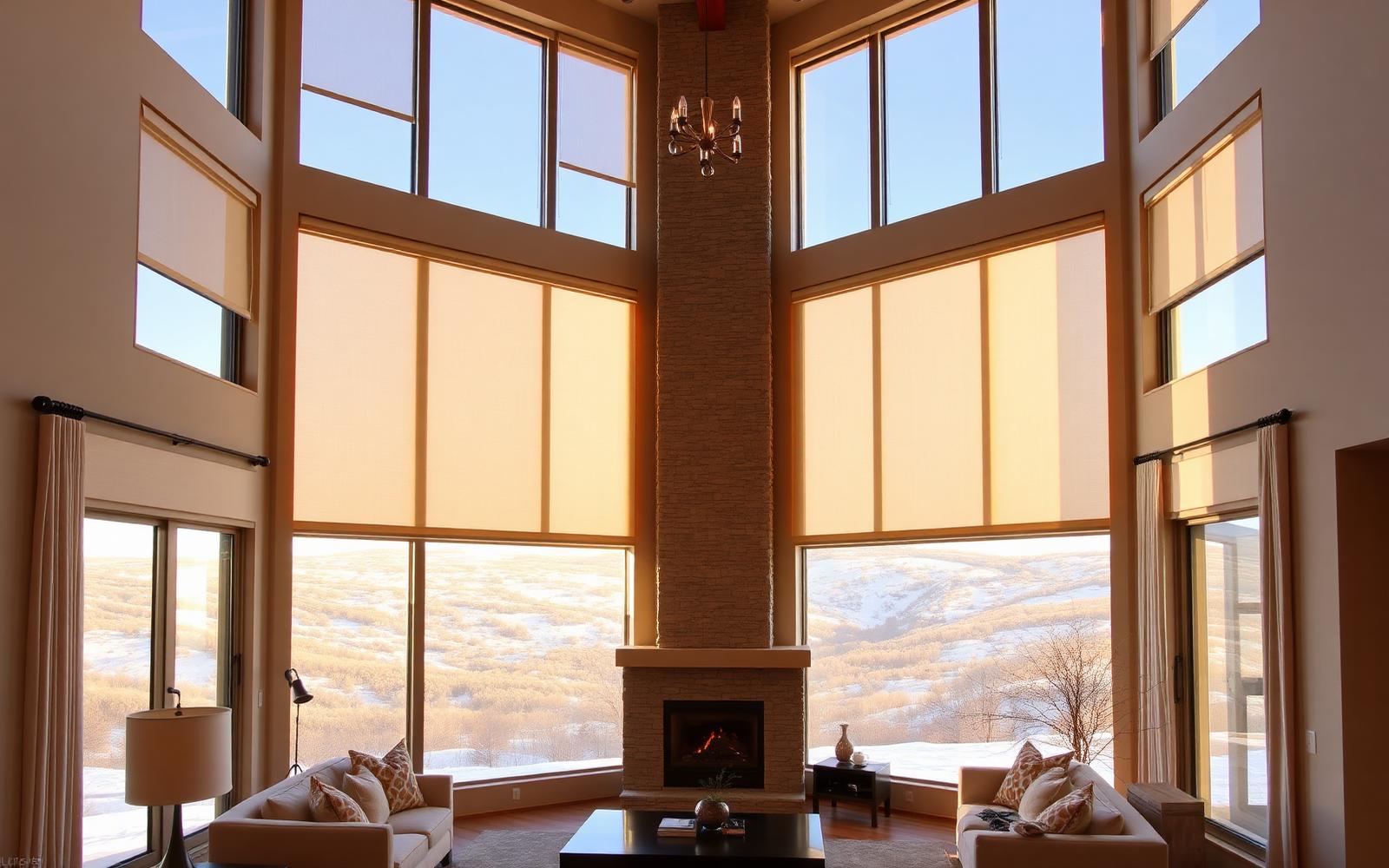 Denver two-story great room with motorized cellular shades on tall windows overlooking the foothills