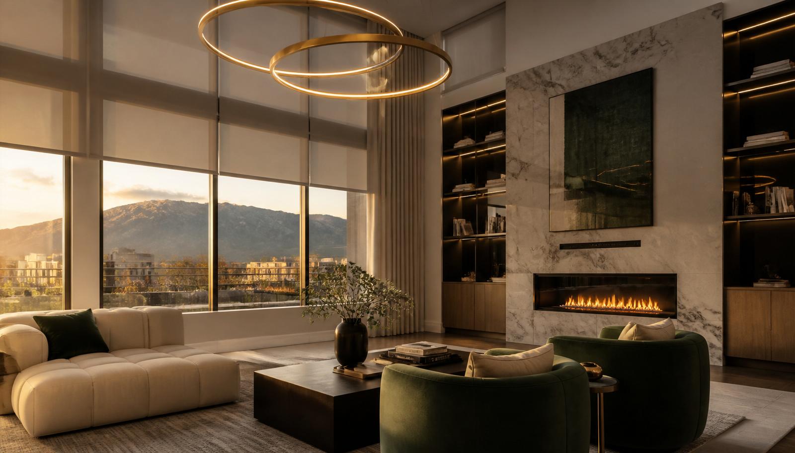 Modern Denver great room at golden hour with motorized solar shades lowering across mountain-view windows.