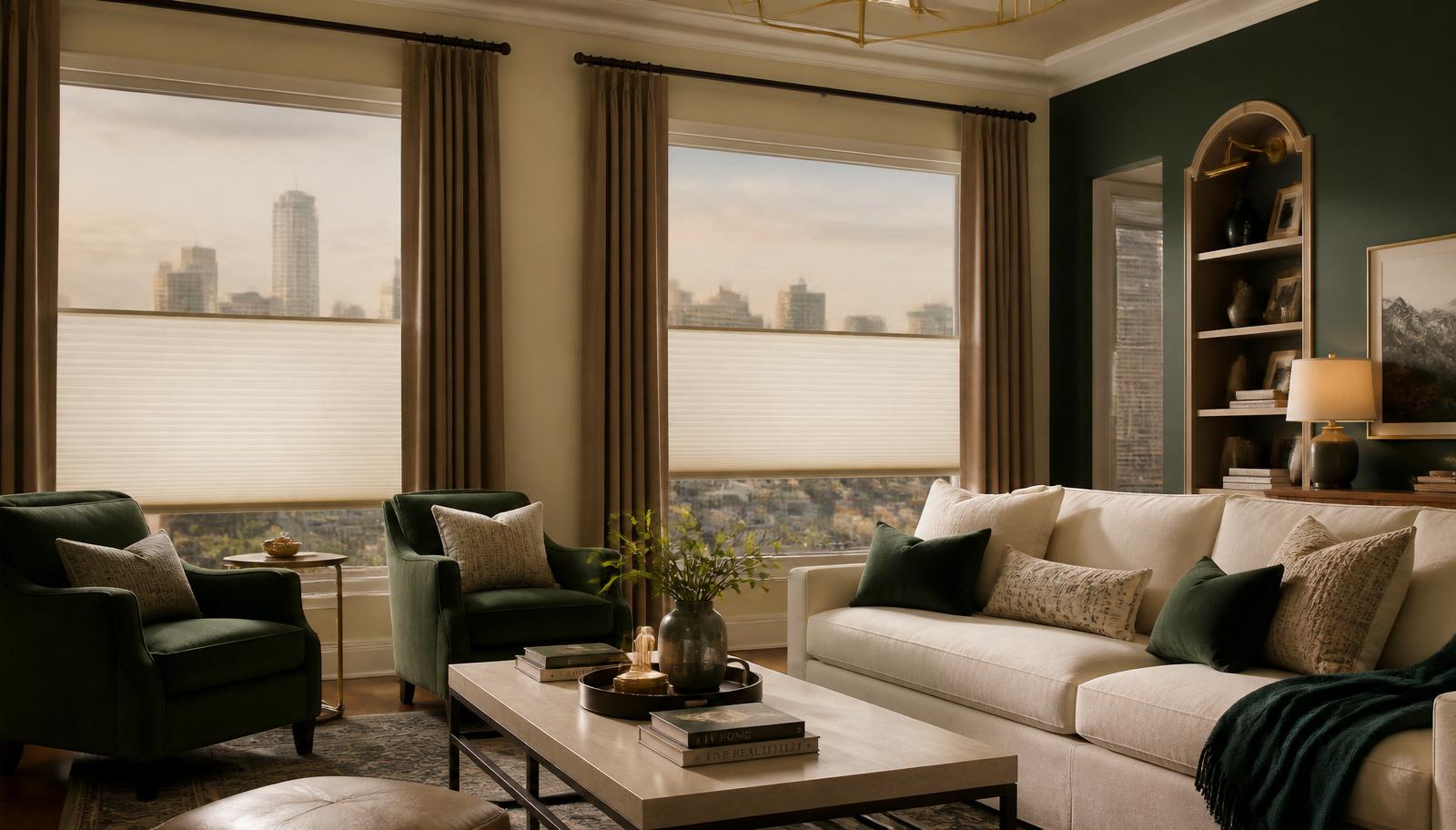 Denver living room with honeycomb cellular shades filtering hazy summer light through tall windows.
