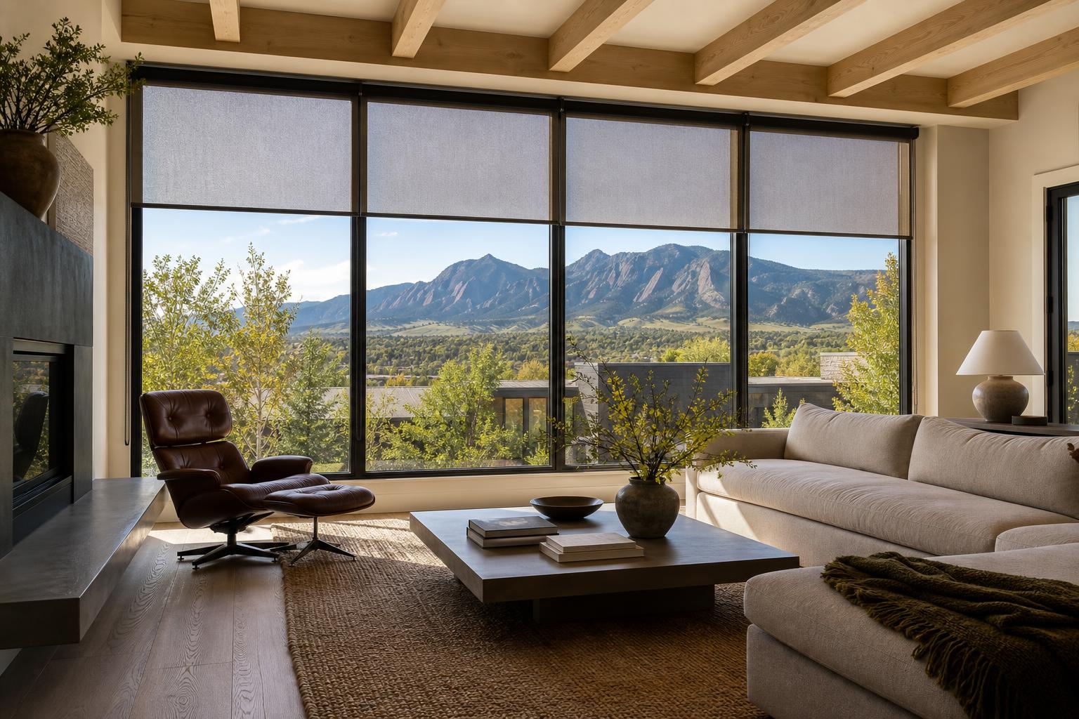 Modern Boulder living room with solar shades half-drawn over a wall of windows framing the Flatirons in the morning light