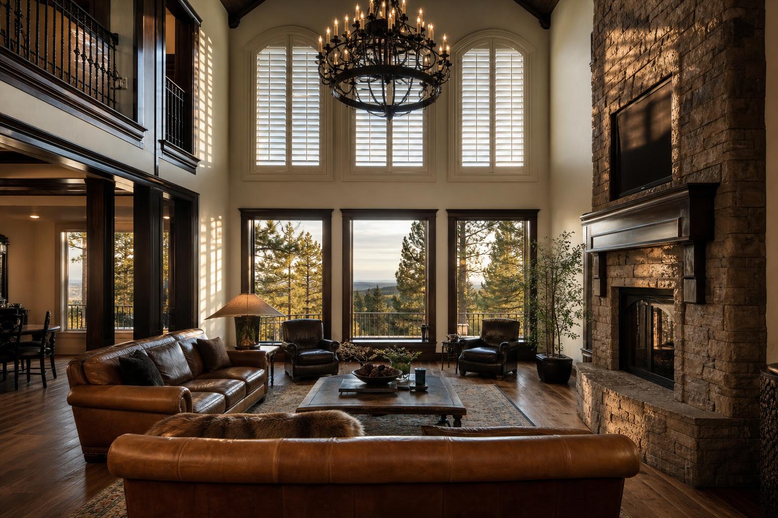 Two-story Castle Pines great room with arched custom plantation shutters and stone fireplace, ponderosa pines visible through the lower windows in evening light