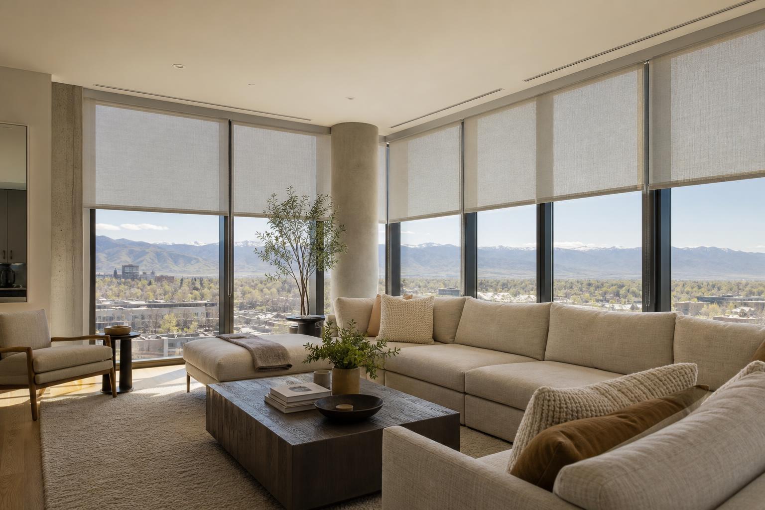 Modern Denver living room with light grey solar shades and Front Range mountain view