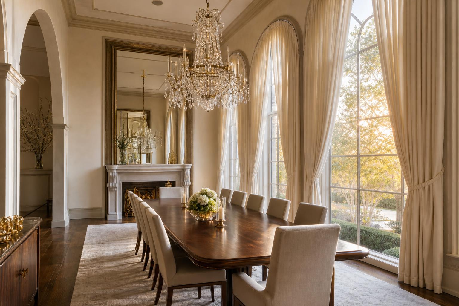 Greenwood Village estate dining room with ivory pinch pleat drapery and crystal chandelier