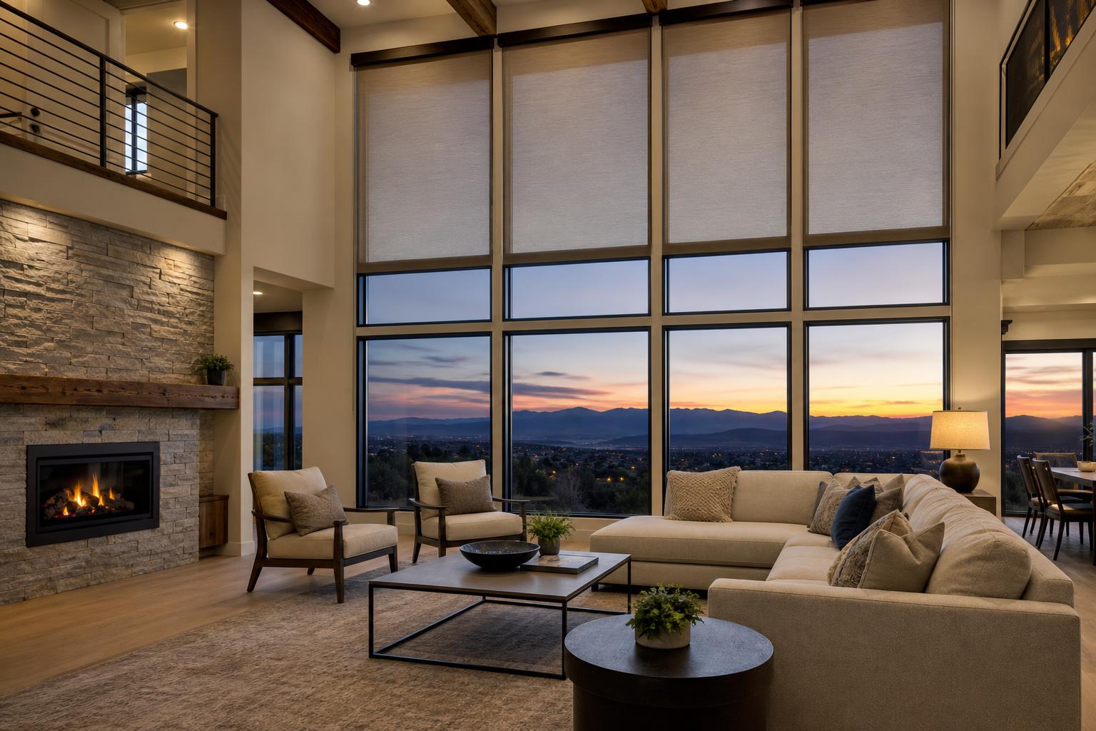 Lone Tree Colorado modern great room with motorized cellular shades and foothill sunset view