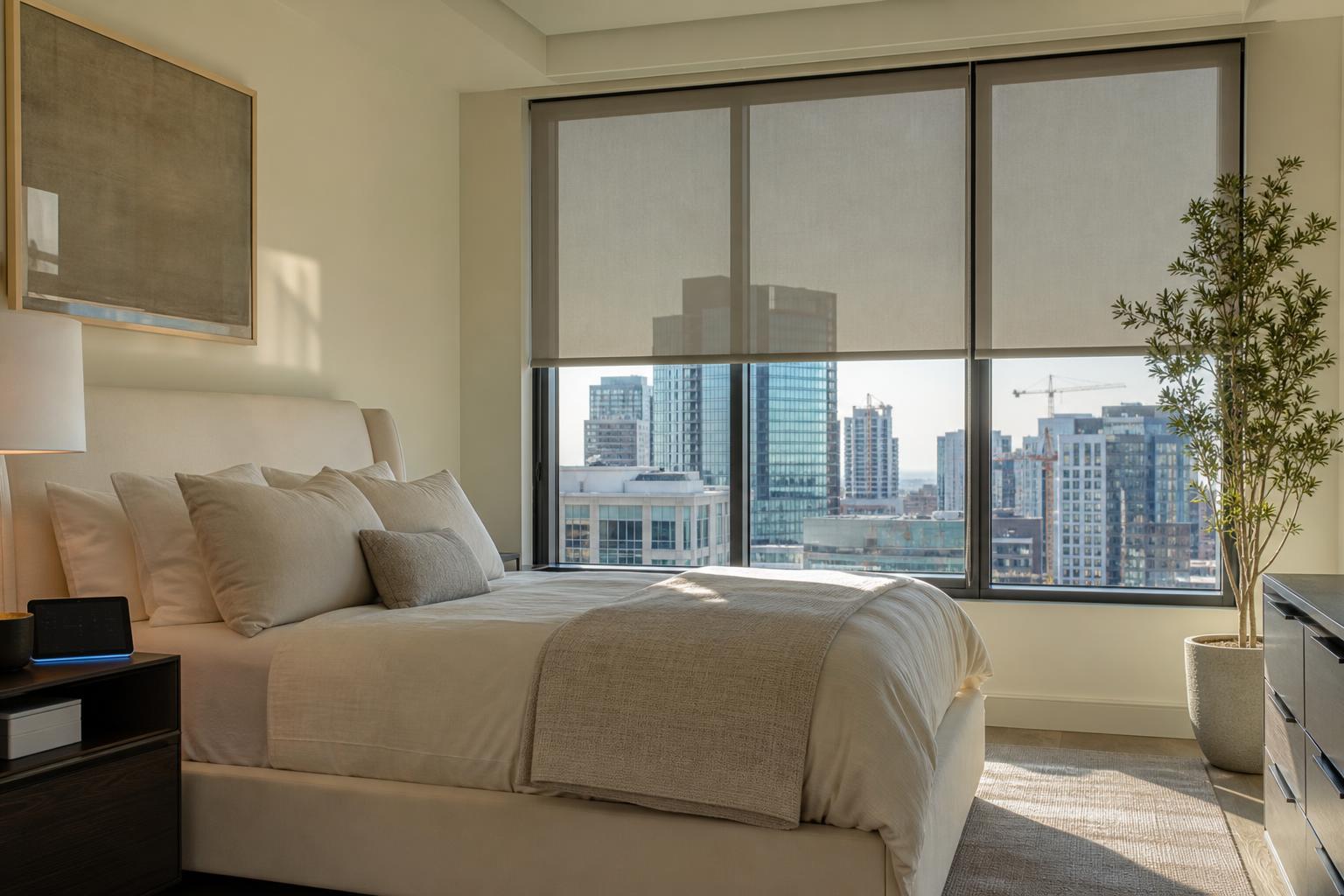 Modern Denver bedroom with motorized roller shades and smart home tablet glowing on nightstand