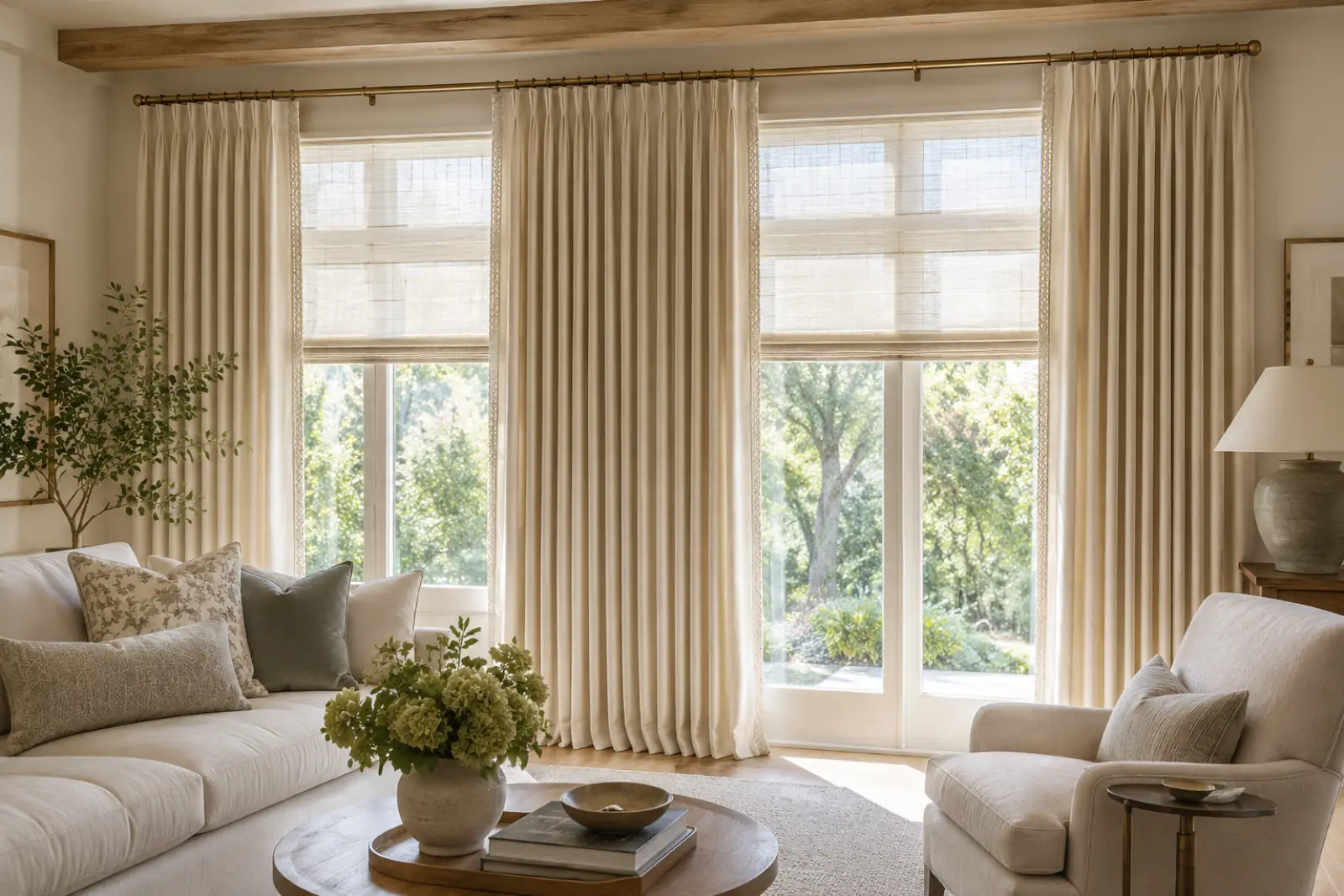 Elegant custom drapery with pleated fabric and decorative hardware installed in a Denver living room by Blinds Couture