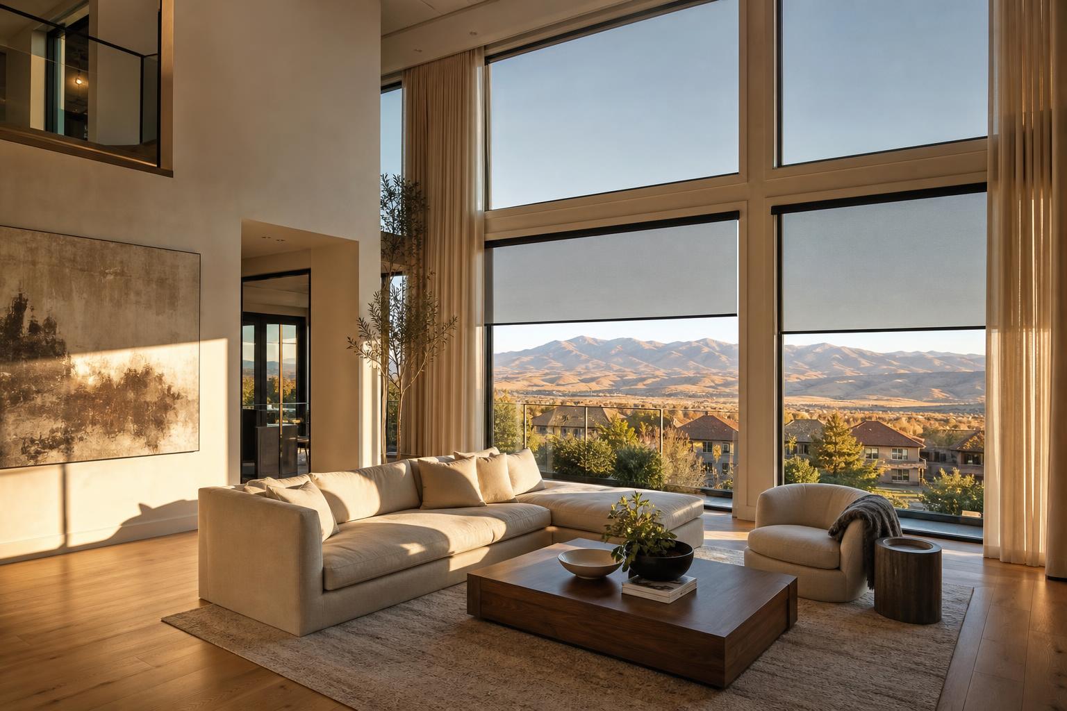 Two-story Highlands Ranch great room with motorized solar shades and floor-to-ceiling linen drapery facing the foothills at golden hour