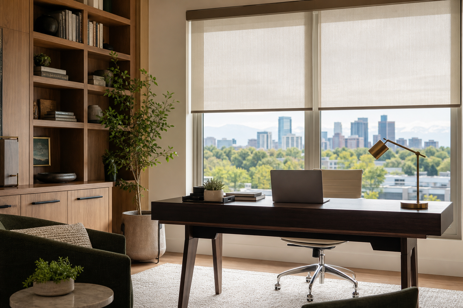 Denver home office with motorized dual roller shades diffusing daylight for video calls