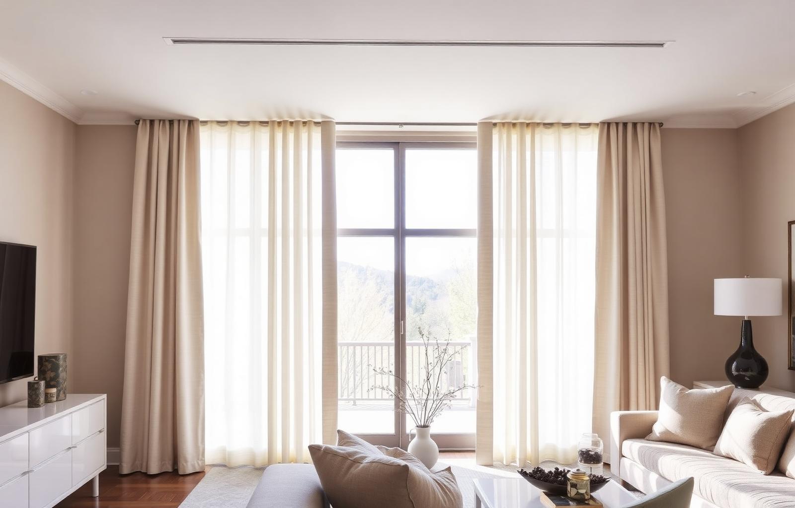Motorized drapery panels on a quiet ceiling track in a Denver living room