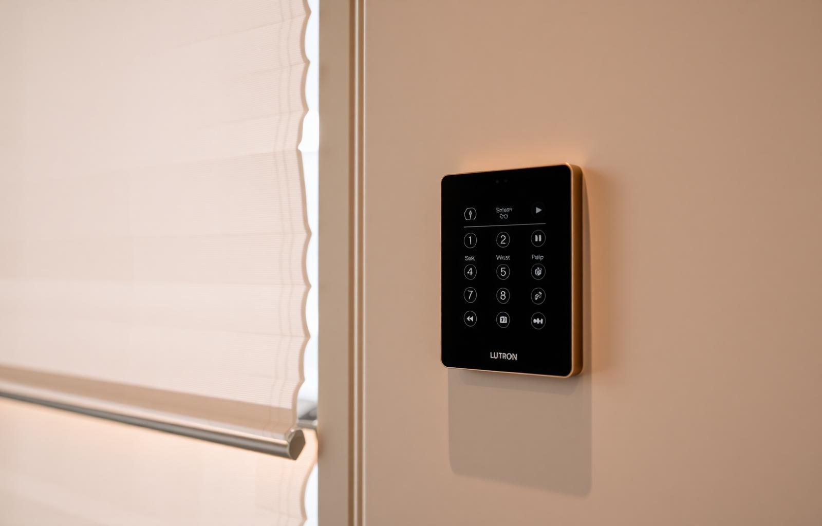Wall-mounted smart home scene keypad next to a motorized cellular shade