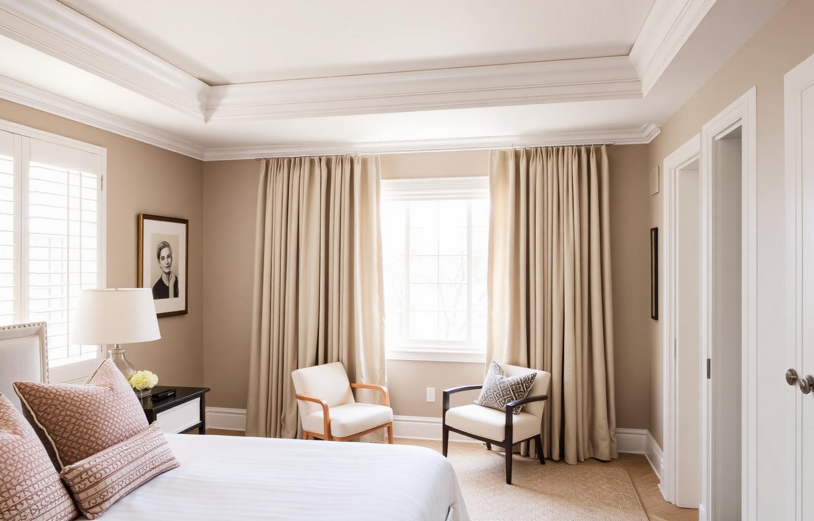Denver primary bedroom with plantation shutters layered with floor-length linen drapery