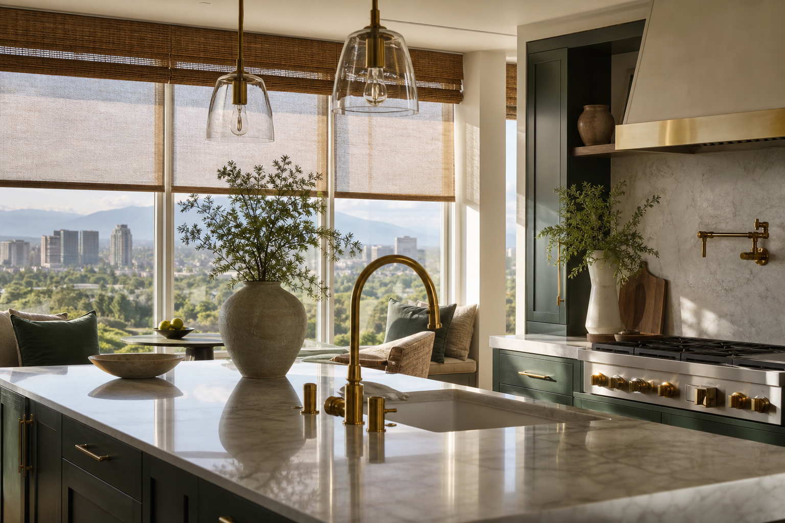 Modern Denver kitchen with custom woven wood and sheer roller shades filtering sunlight