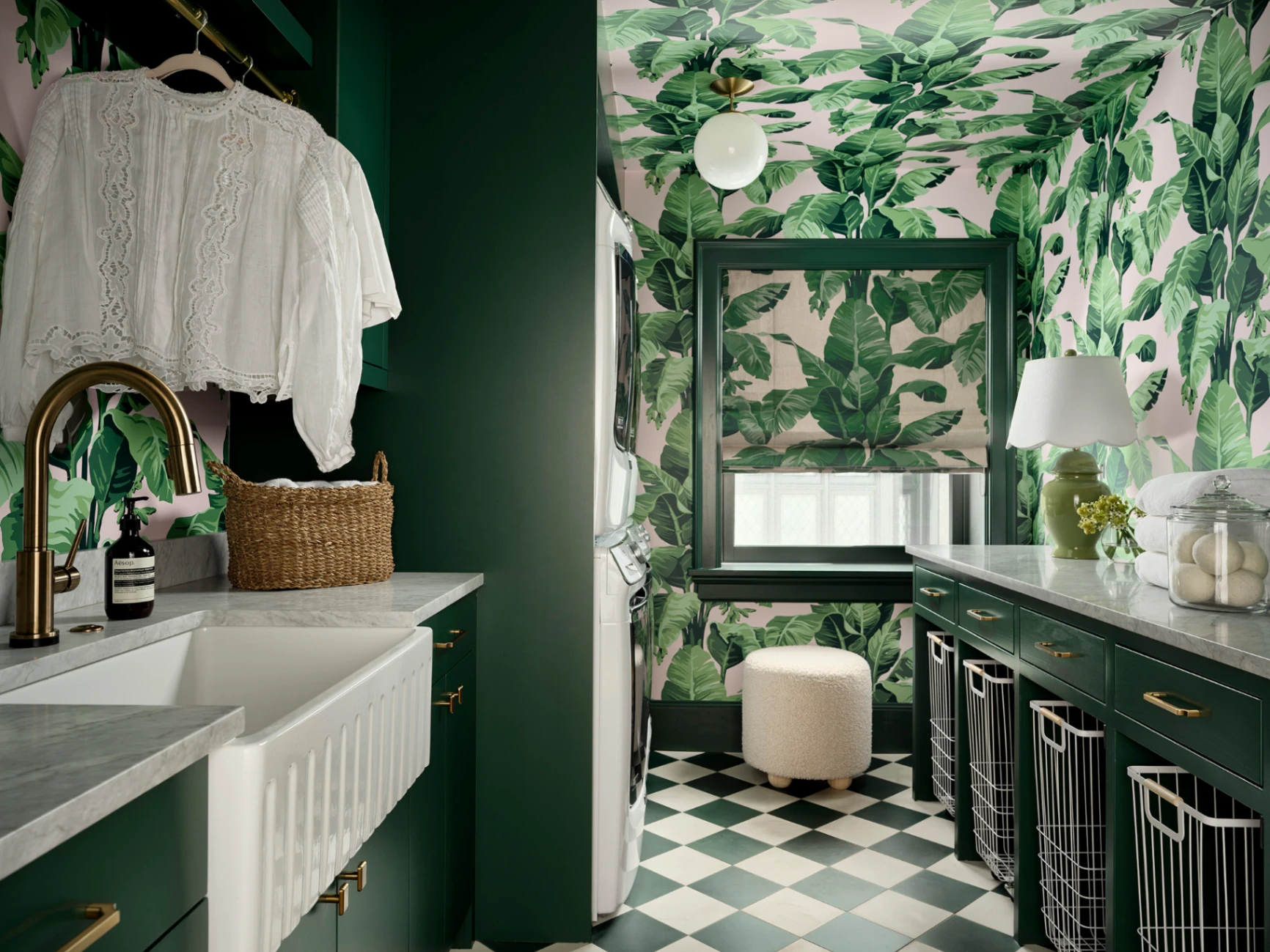 Custom Roman Shades in a Tropical Laundry Room