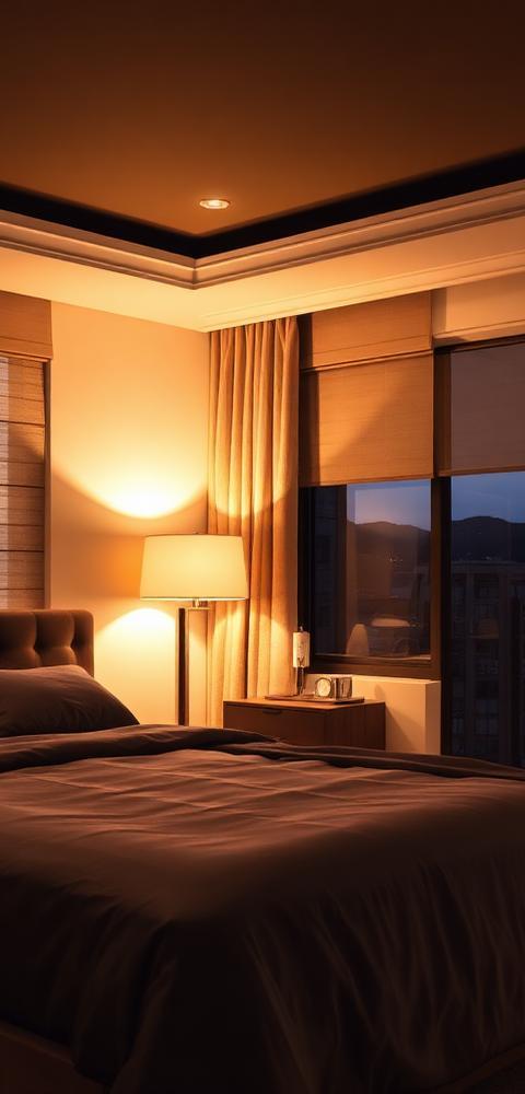Denver primary bedroom at dusk with layered blackout roller shades and linen drapery