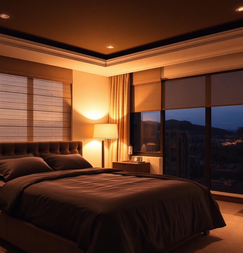 Denver primary bedroom at dusk with layered blackout roller shades and linen drapery