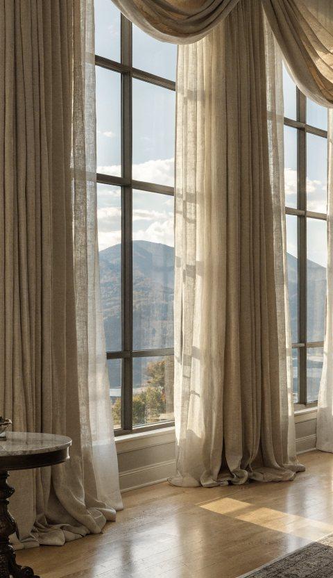 Floor-to-ceiling ivory linen drapery framing tall windows in an elegant Denver living room with mountain views
