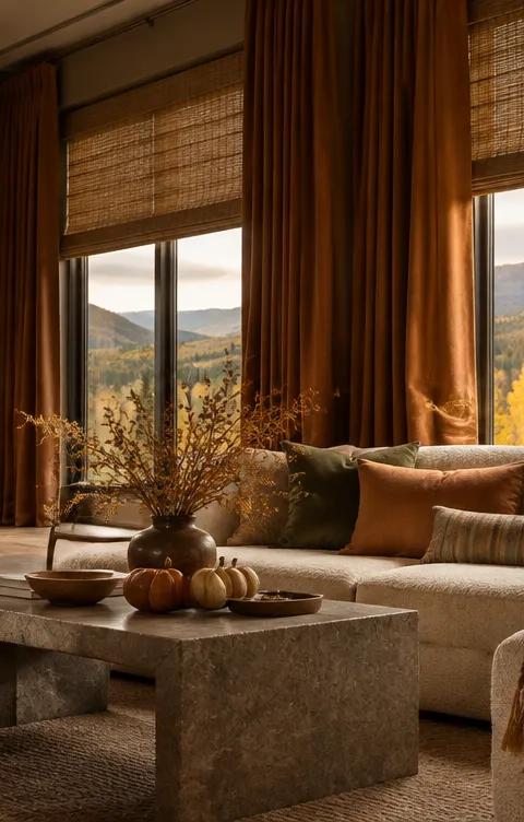Front Range living room in fall with floor-length rust velvet drapery layered over woven wood shades, a cream sofa with olive pillows, small pumpkins on a stone table, and golden aspens outside.
