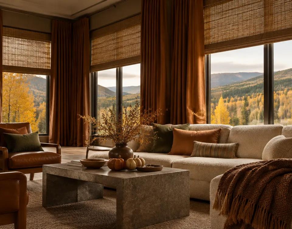 Front Range living room in fall with floor-length rust velvet drapery layered over woven wood shades, a cream sofa with olive pillows, small pumpkins on a stone table, and golden aspens outside.