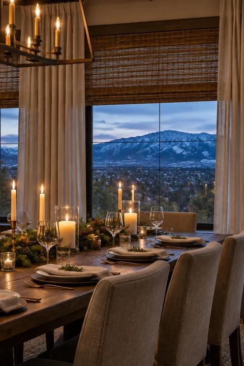 Denver dining room at dusk set for a holiday dinner, with floor-length cream linen drapery over woven wood shades, candlelight on a wood table, and snow-dusted foothills outside the window.
