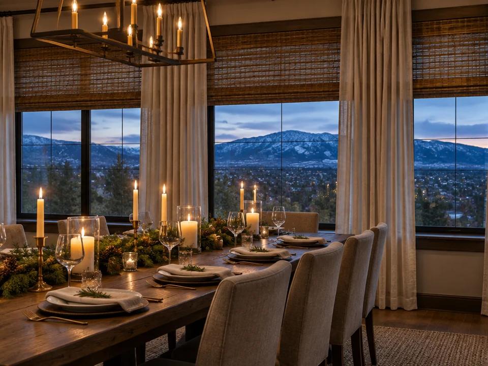 Denver dining room at dusk set for a holiday dinner, with floor-length cream linen drapery over woven wood shades, candlelight on a wood table, and snow-dusted foothills outside the window.