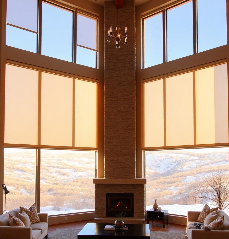 Denver two-story great room with motorized cellular shades on tall windows overlooking the foothills
