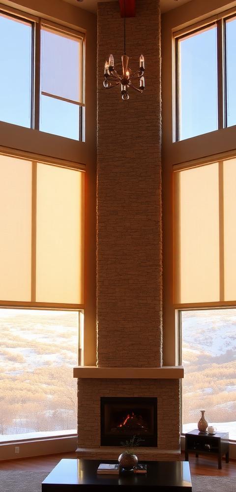 Denver two-story great room with motorized cellular shades on tall windows overlooking the foothills