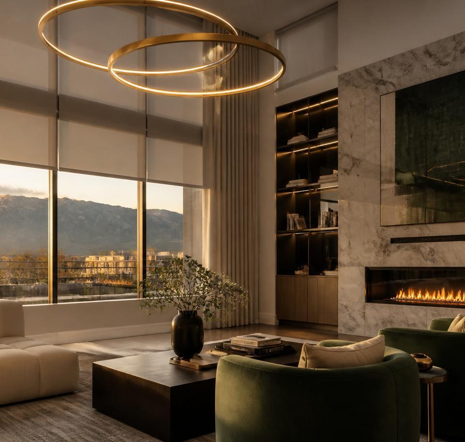 Modern Denver great room at golden hour with motorized solar shades lowering across mountain-view windows.