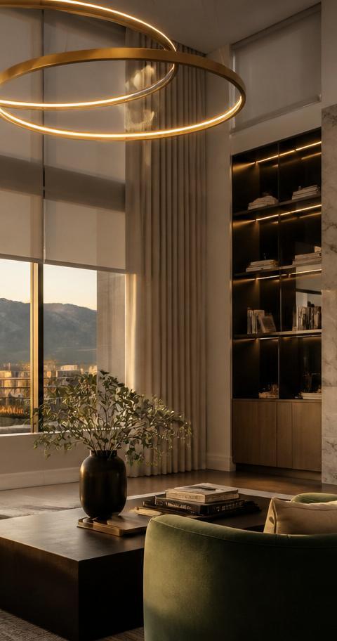 Modern Denver great room at golden hour with motorized solar shades lowering across mountain-view windows.
