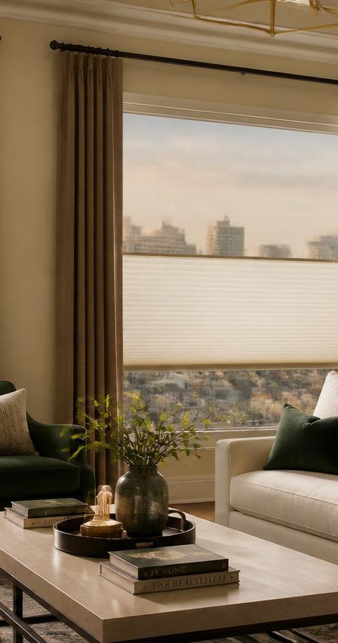 Denver living room with honeycomb cellular shades filtering hazy summer light through tall windows.