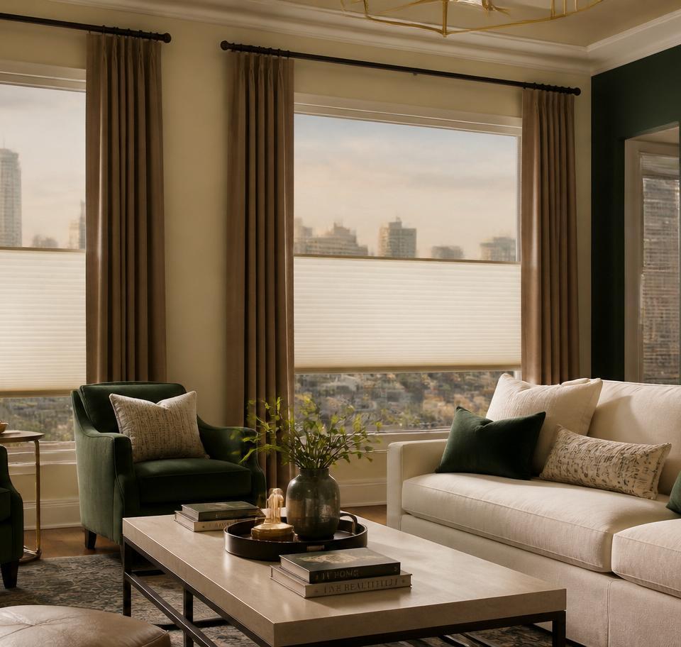 Denver living room with honeycomb cellular shades filtering hazy summer light through tall windows.