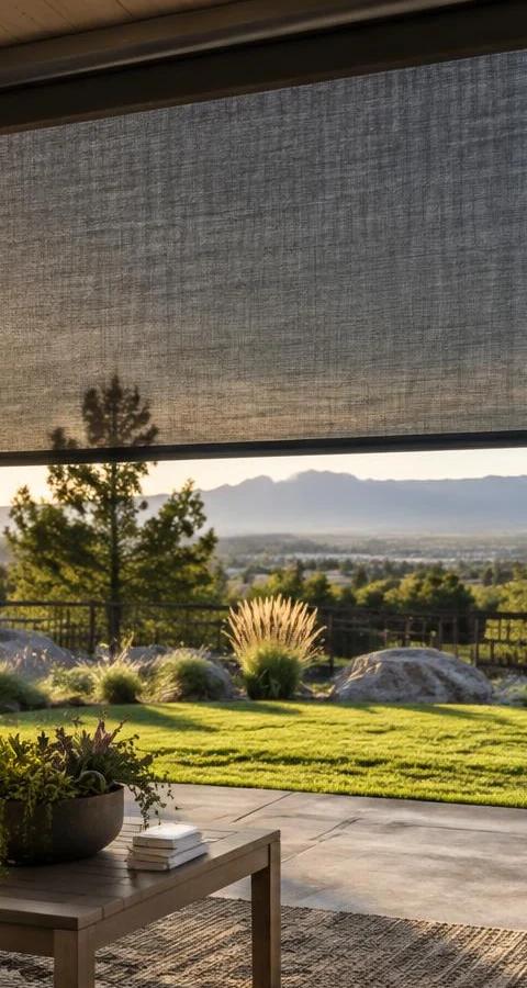 Dark exterior solar screen shades a covered Colorado patio at sunset