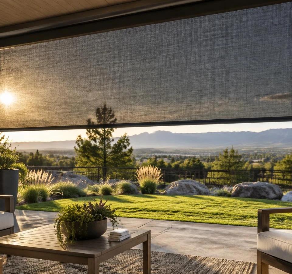 Dark exterior solar screen shades a covered Colorado patio at sunset