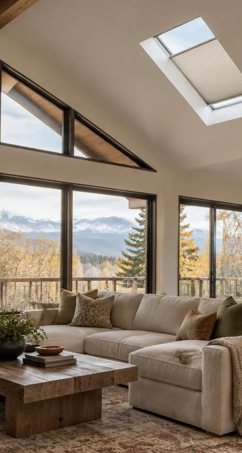 Neutral cellular shades partly cover two skylights in a vaulted Denver living room