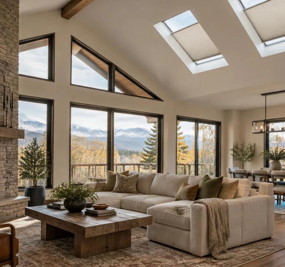 Neutral cellular shades partly cover two skylights in a vaulted Denver living room