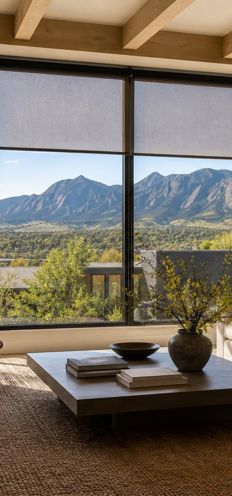 Modern Boulder living room with solar shades half-drawn over a wall of windows framing the Flatirons in the morning light