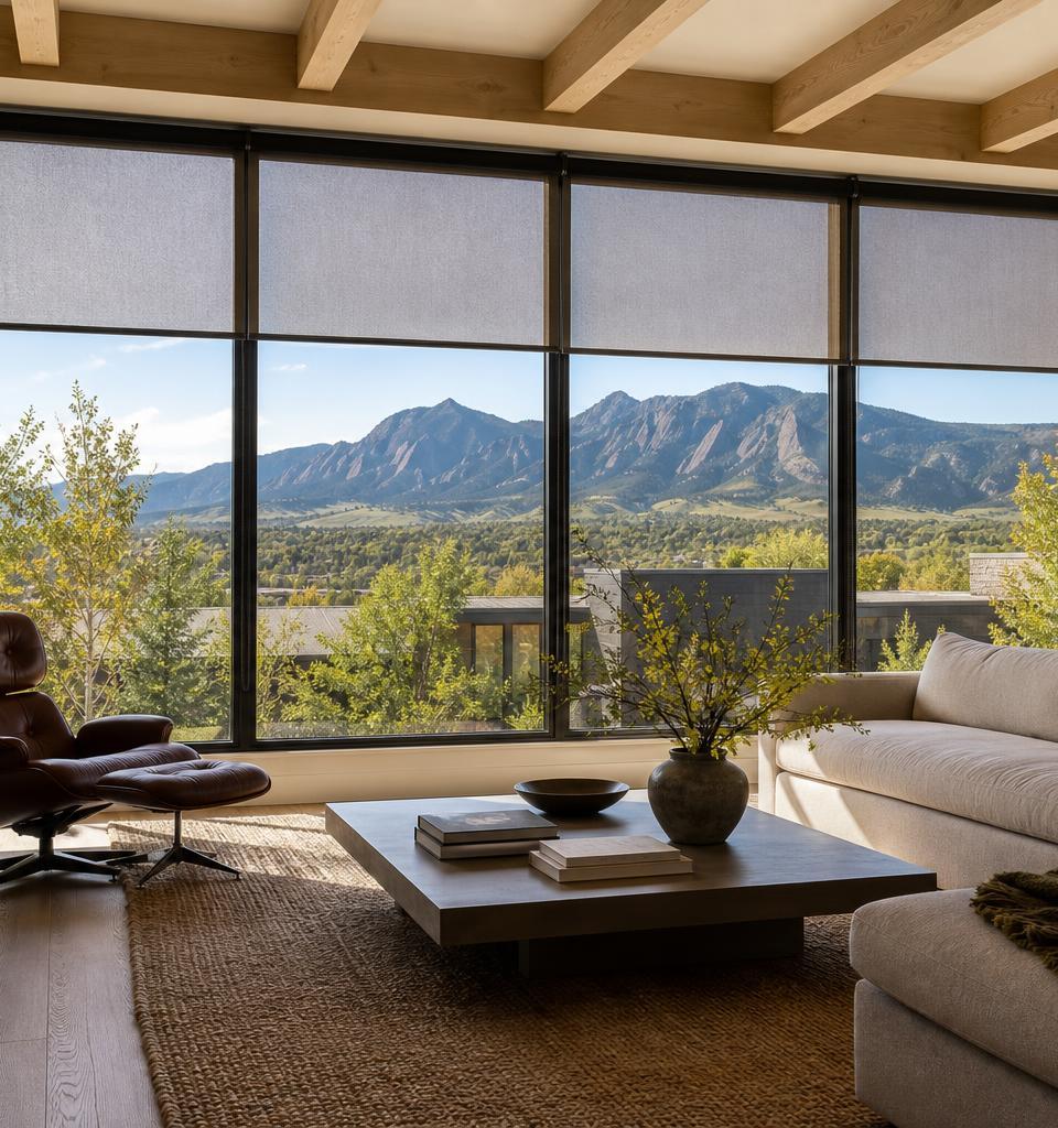 Modern Boulder living room with solar shades half-drawn over a wall of windows framing the Flatirons in the morning light