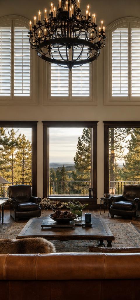 Two-story Castle Pines great room with arched custom plantation shutters and stone fireplace, ponderosa pines visible through the lower windows in evening light