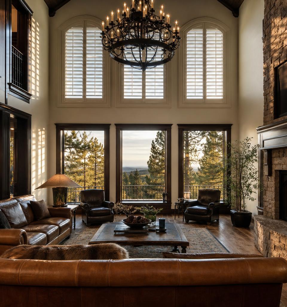 Two-story Castle Pines great room with arched custom plantation shutters and stone fireplace, ponderosa pines visible through the lower windows in evening light
