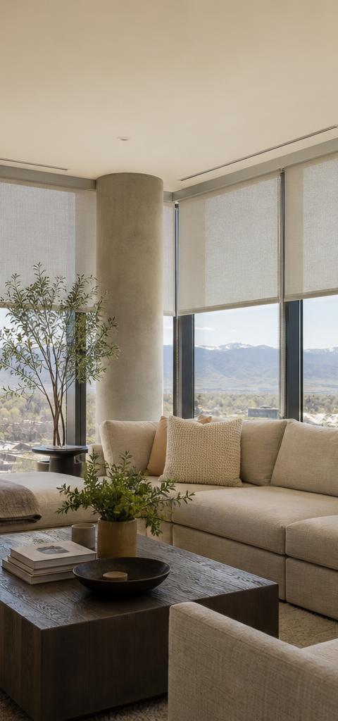 Modern Denver living room with light grey solar shades and Front Range mountain view