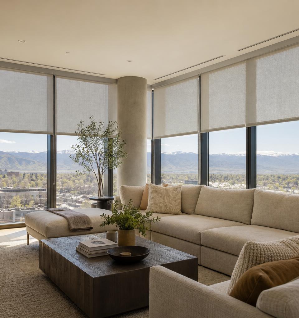 Modern Denver living room with light grey solar shades and Front Range mountain view