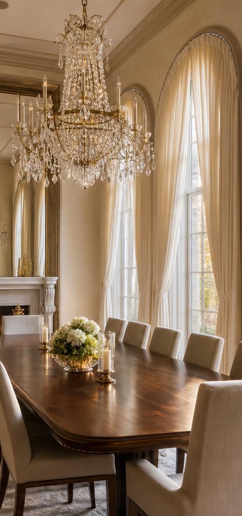 Greenwood Village estate dining room with ivory pinch pleat drapery and crystal chandelier