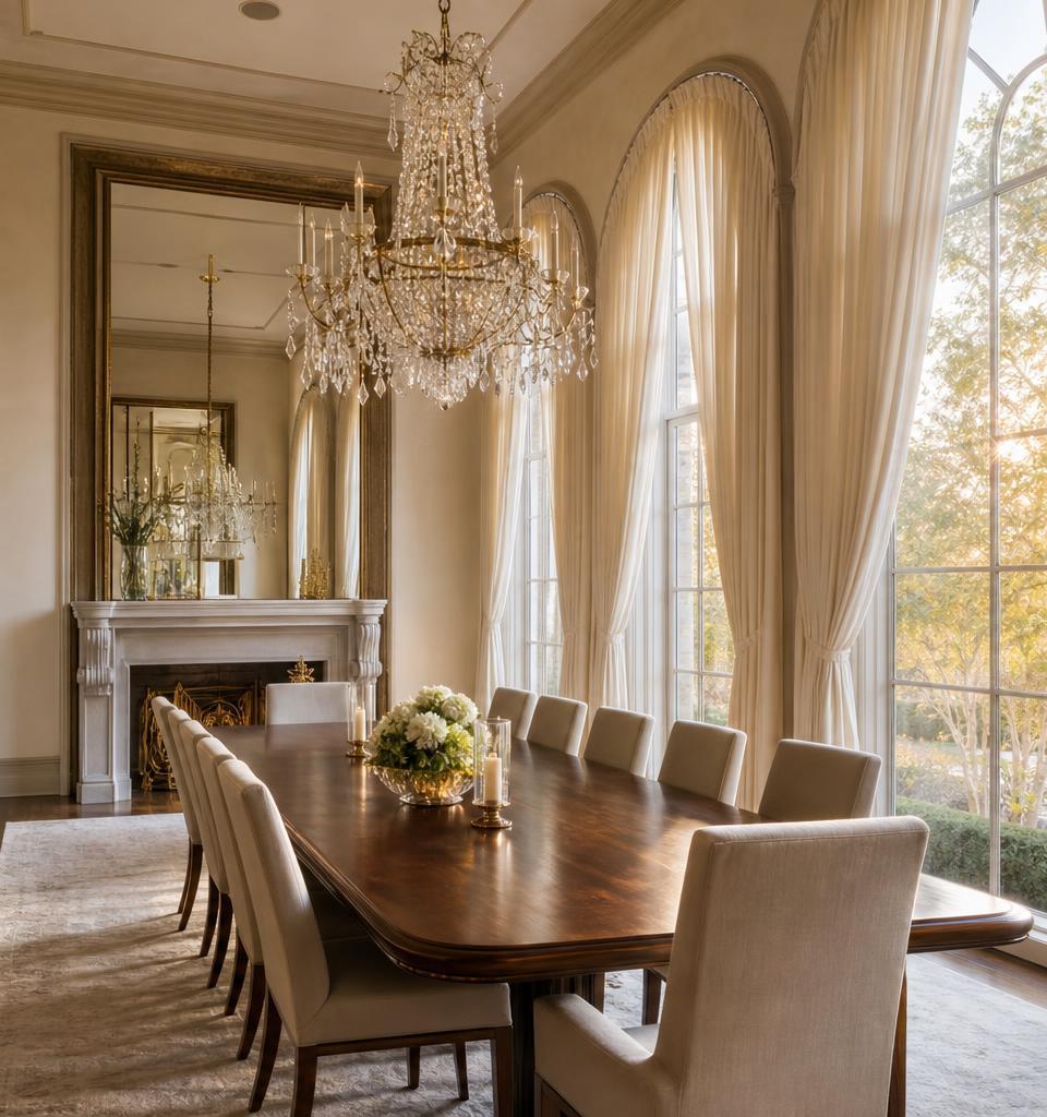 Greenwood Village estate dining room with ivory pinch pleat drapery and crystal chandelier