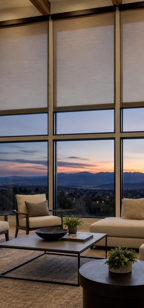 Lone Tree Colorado modern great room with motorized cellular shades and foothill sunset view
