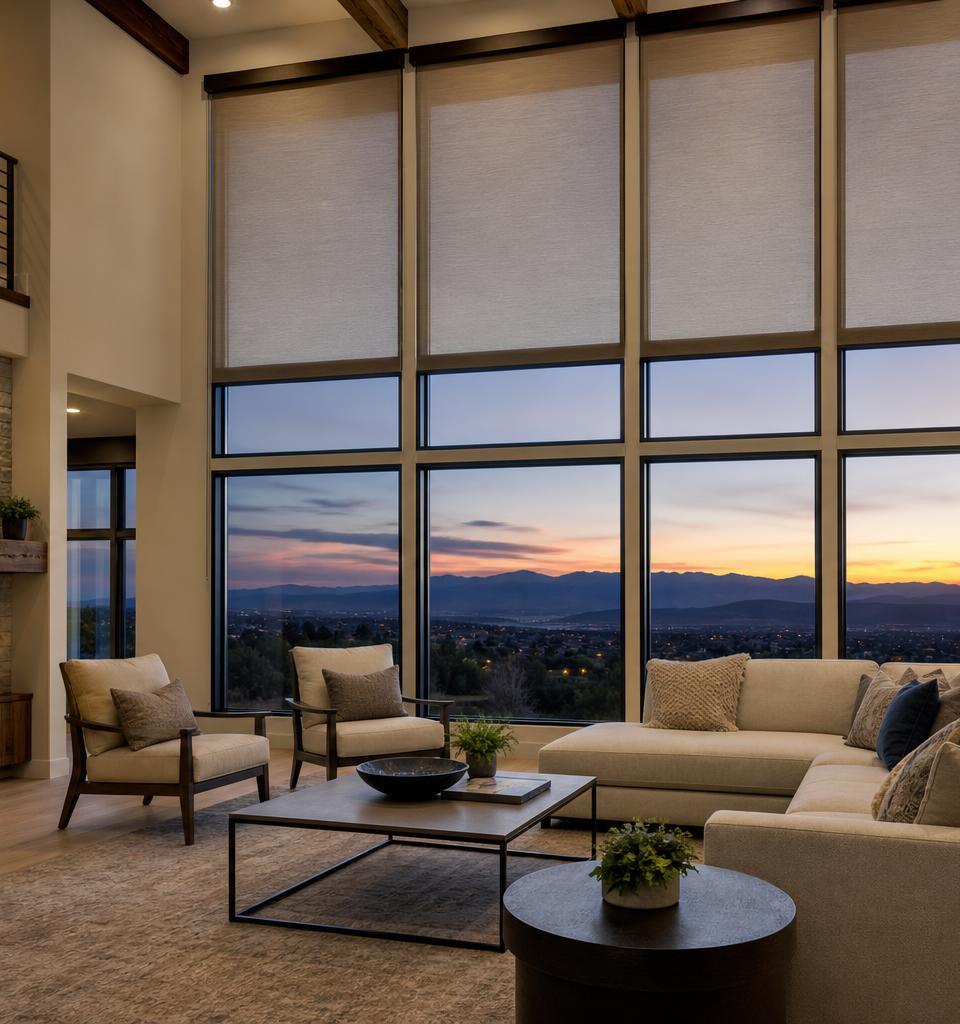 Lone Tree Colorado modern great room with motorized cellular shades and foothill sunset view