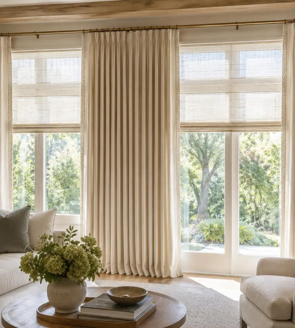 Elegant custom drapery with pleated fabric and decorative hardware installed in a Denver living room by Blinds Couture