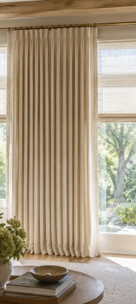 Elegant custom drapery with pleated fabric and decorative hardware installed in a Denver living room by Blinds Couture