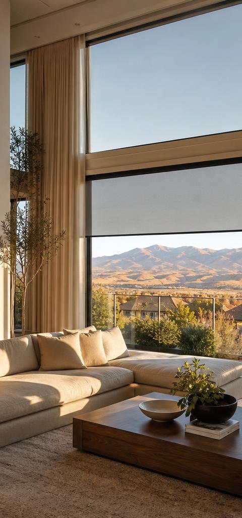 Two-story Highlands Ranch great room with motorized solar shades and floor-to-ceiling linen drapery facing the foothills at golden hour