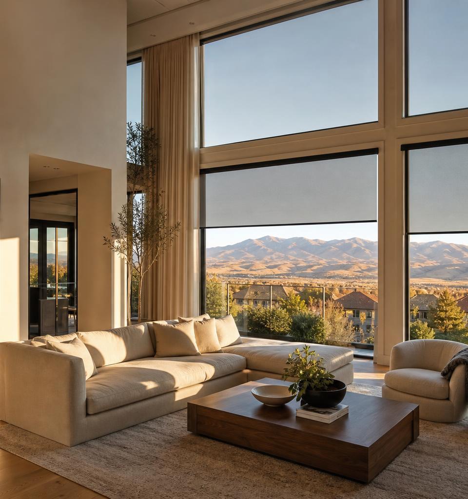 Two-story Highlands Ranch great room with motorized solar shades and floor-to-ceiling linen drapery facing the foothills at golden hour