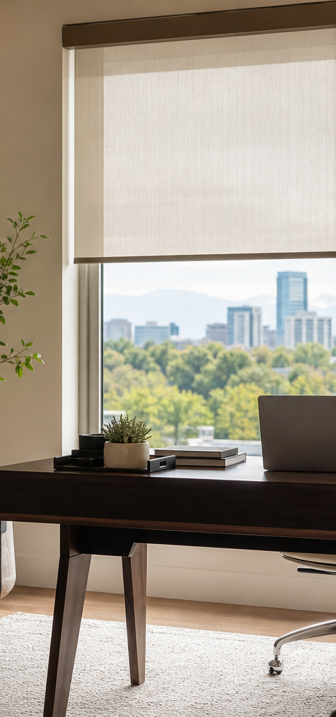 Denver home office with motorized dual roller shades diffusing daylight for video calls